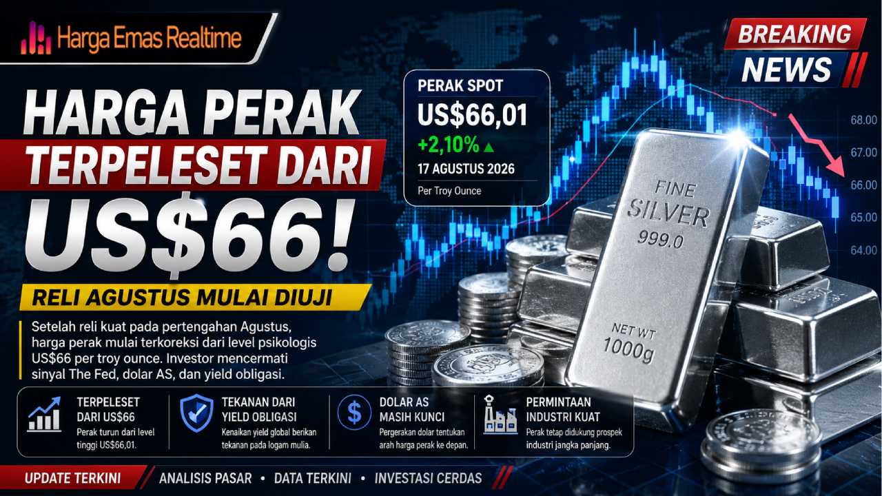 Harga Perak Terpeleset dari US$66, Reli Agustus Mulai Diuji